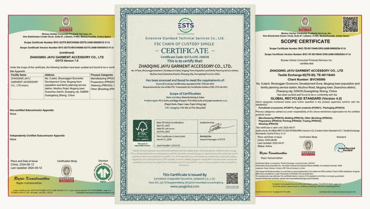 GOTS, FSC and GRS certificates